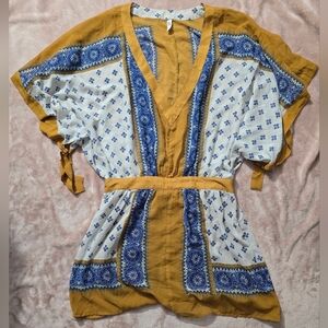 Free People SANTA CRUZ Boho Kimono Tunic Mini Dress in Golden Rod Size Xsmall
